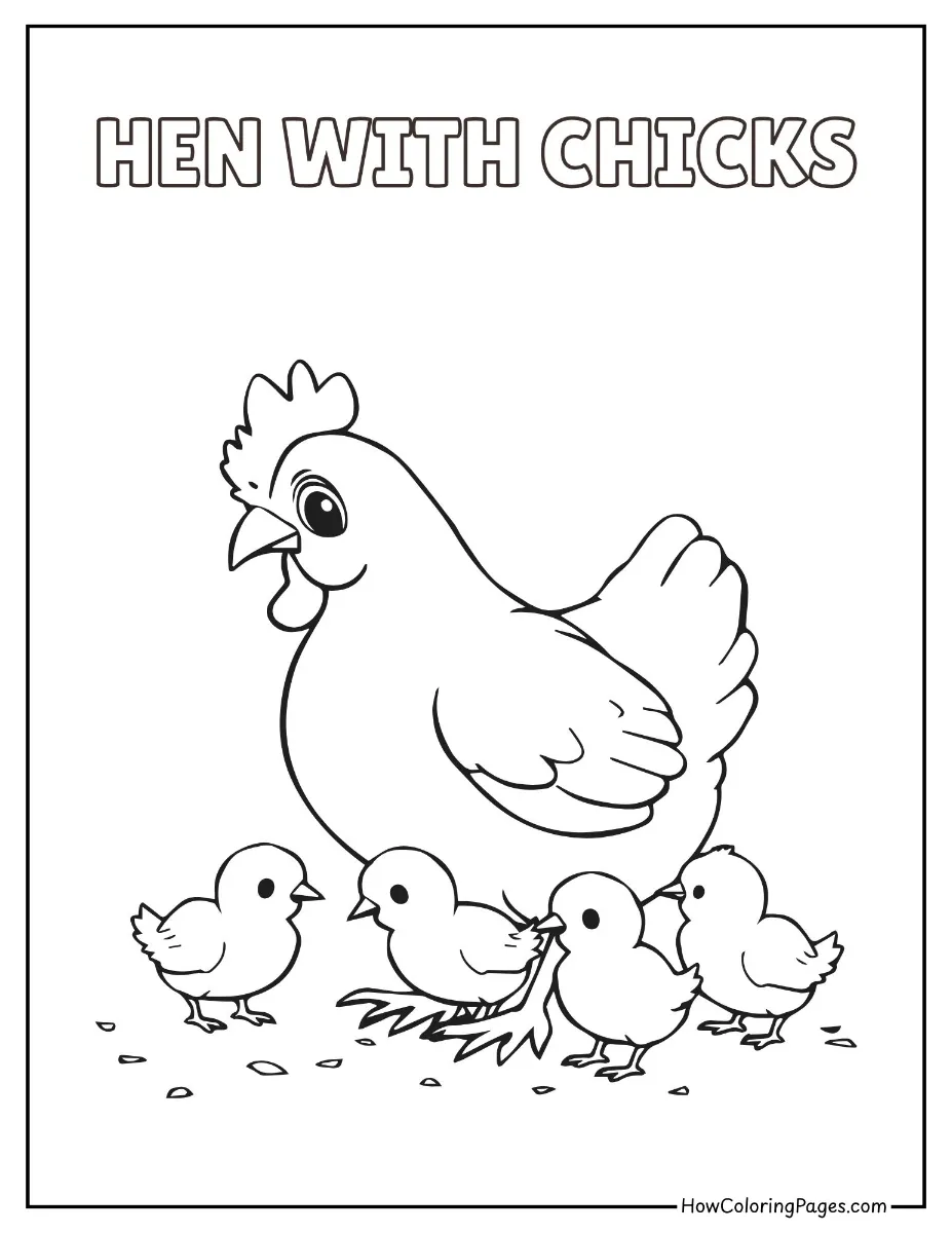🐾 Pet Animal Coloring Pages – Free PDF Printables for All Ages 20 Hen with baby chicks – farm-style pet coloring sheet.