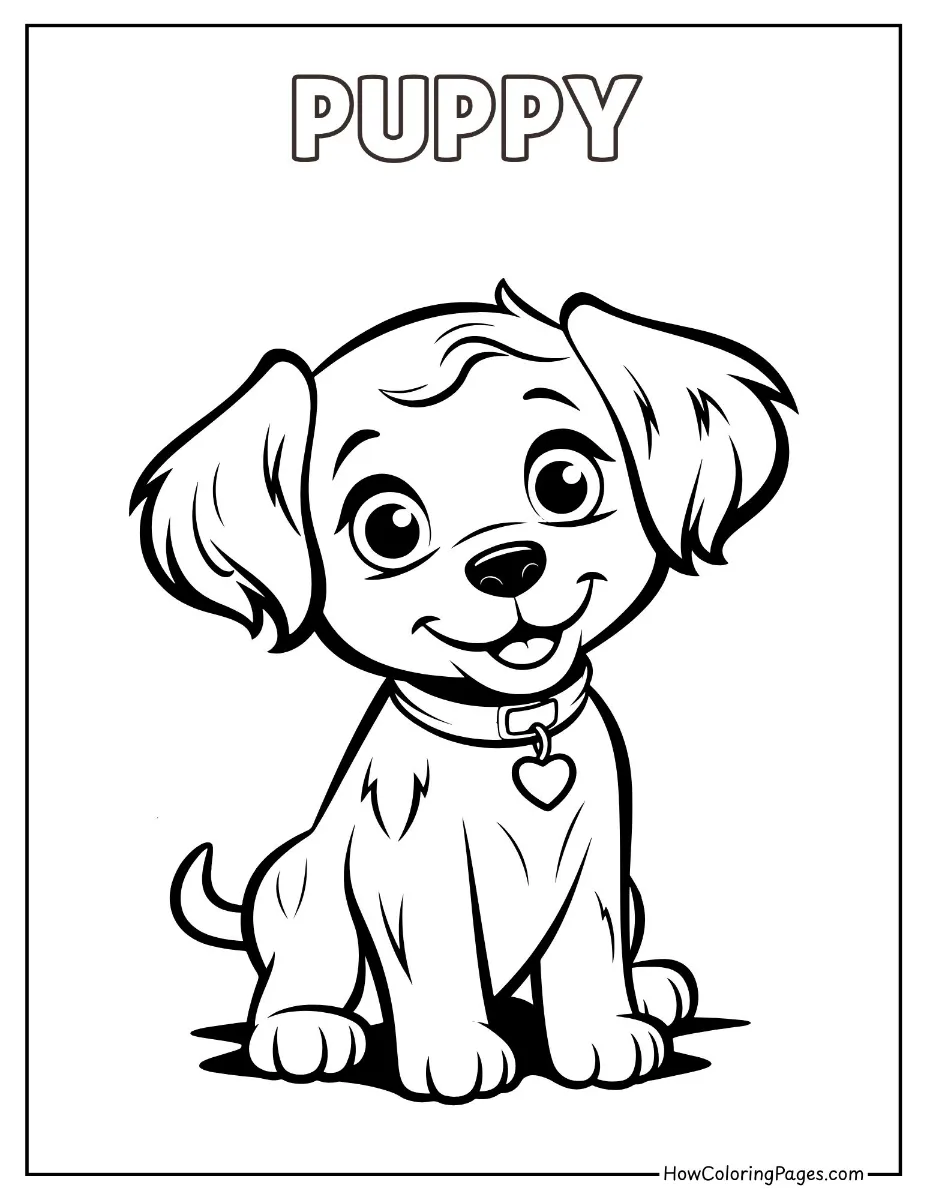 🐾 Pet Animal Coloring Pages – Free PDF Printables for All Ages 12 Smiling puppy sitting down – easy dog coloring sheet.