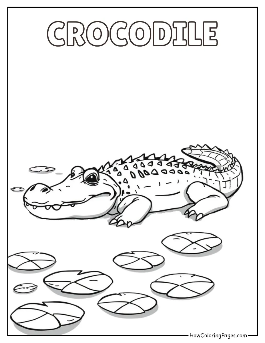Crocodile with open mouth near river – wild animals coloring activity