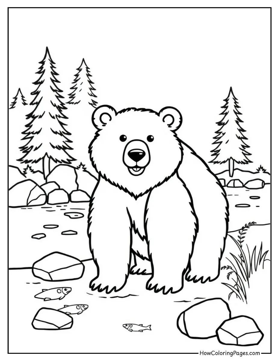 Grizzly bear walking through the forest – printable wild animal coloring sheet
