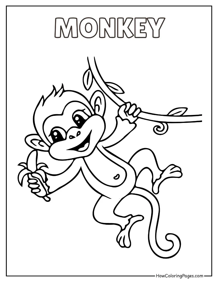 Playful monkey swinging on a tree branch – jungle animal coloring page