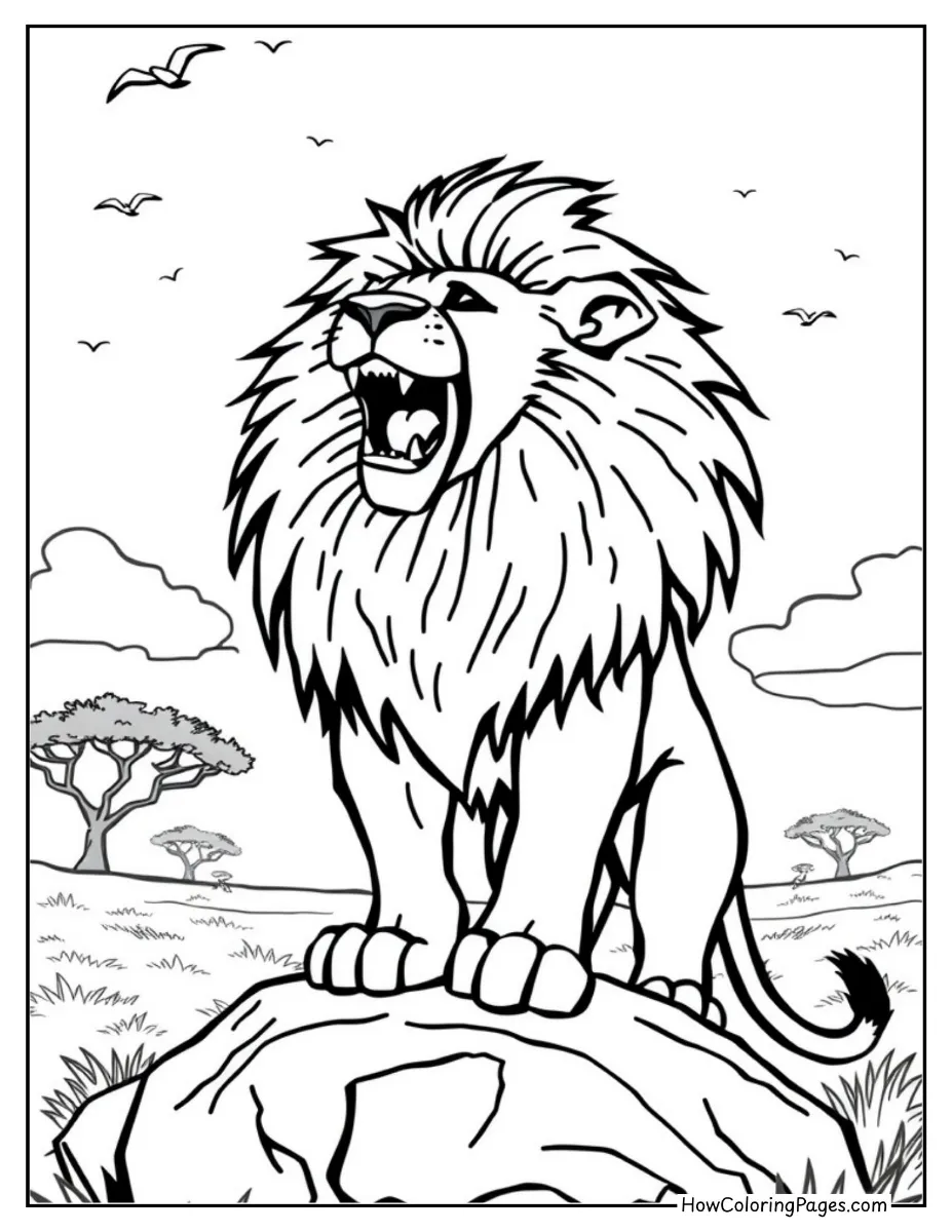 Roaring lion standing in the savannah – wild animals coloring page