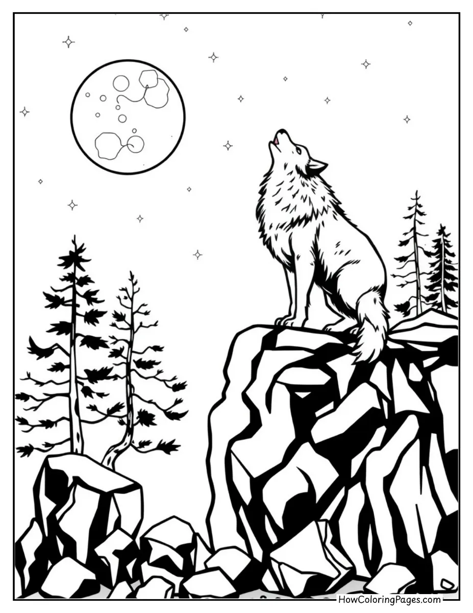 Wolf howling at the moon – wild animal coloring page for all ages