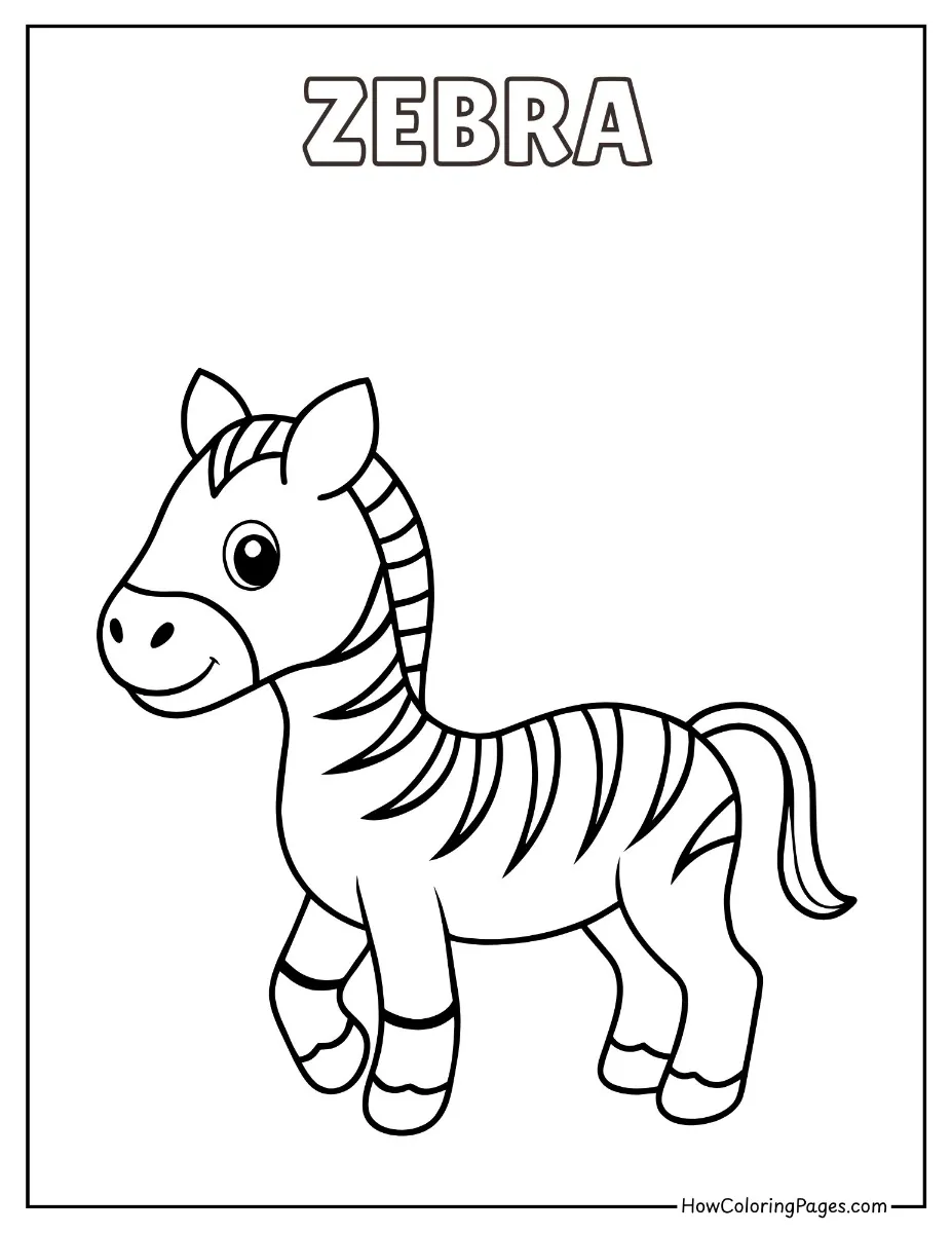 Zebra with bold stripes standing on grass – safari-themed coloring page
