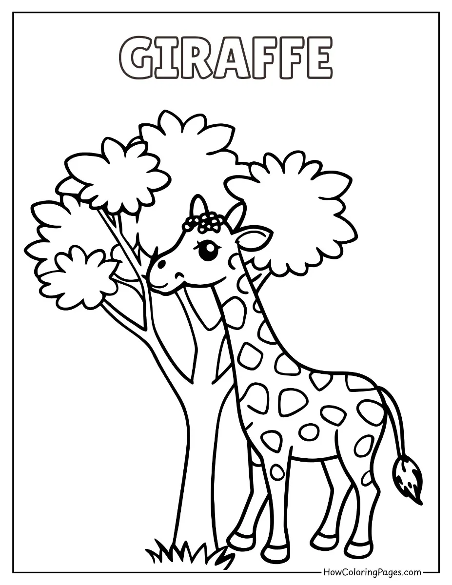 🦁 Zoo Animal Coloring Pages – Free PDF Printables for All Ages 11 Tall giraffe under tree – printable zoo coloring page