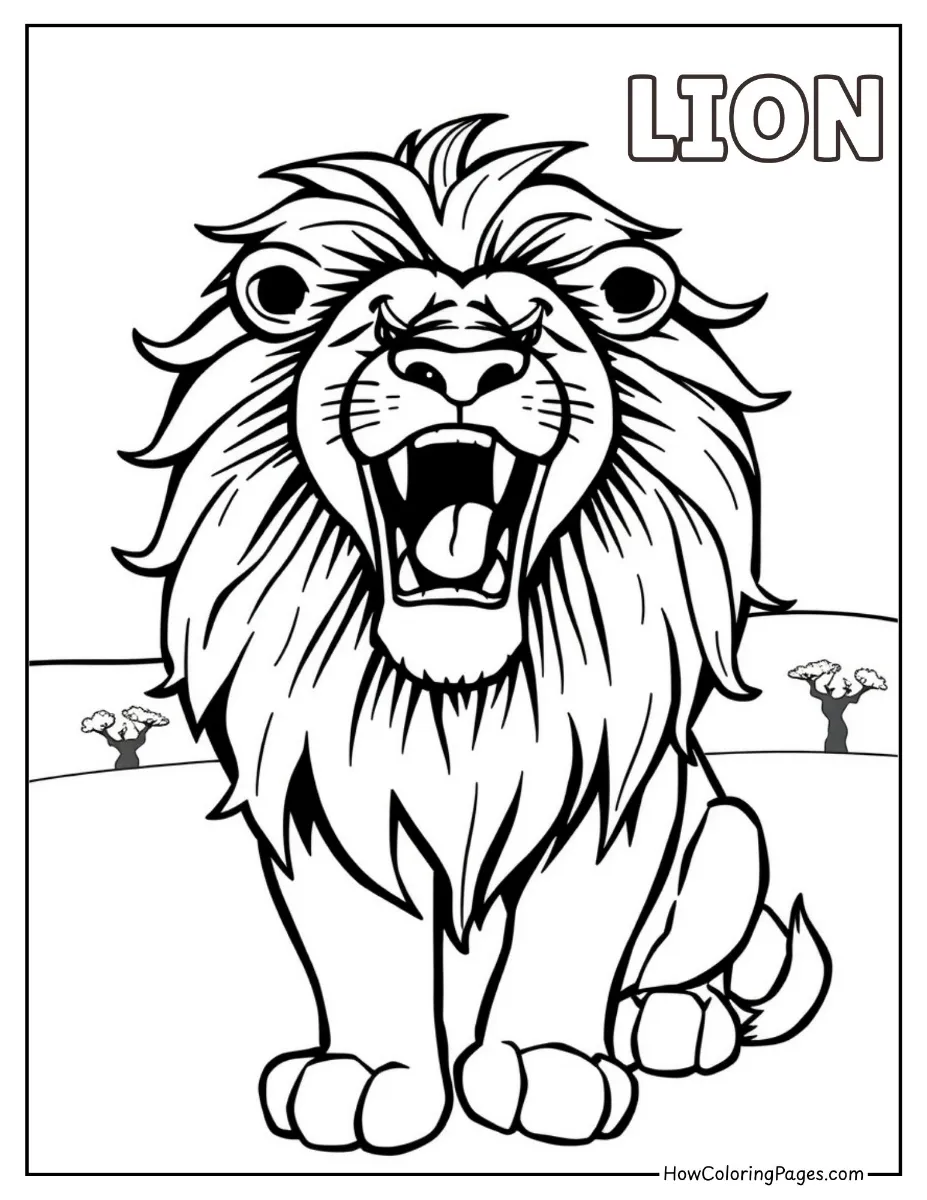 🦁 Zoo Animal Coloring Pages – Free PDF Printables for All Ages 15 Roaring lion with open mouth – zoo animal coloring sheet