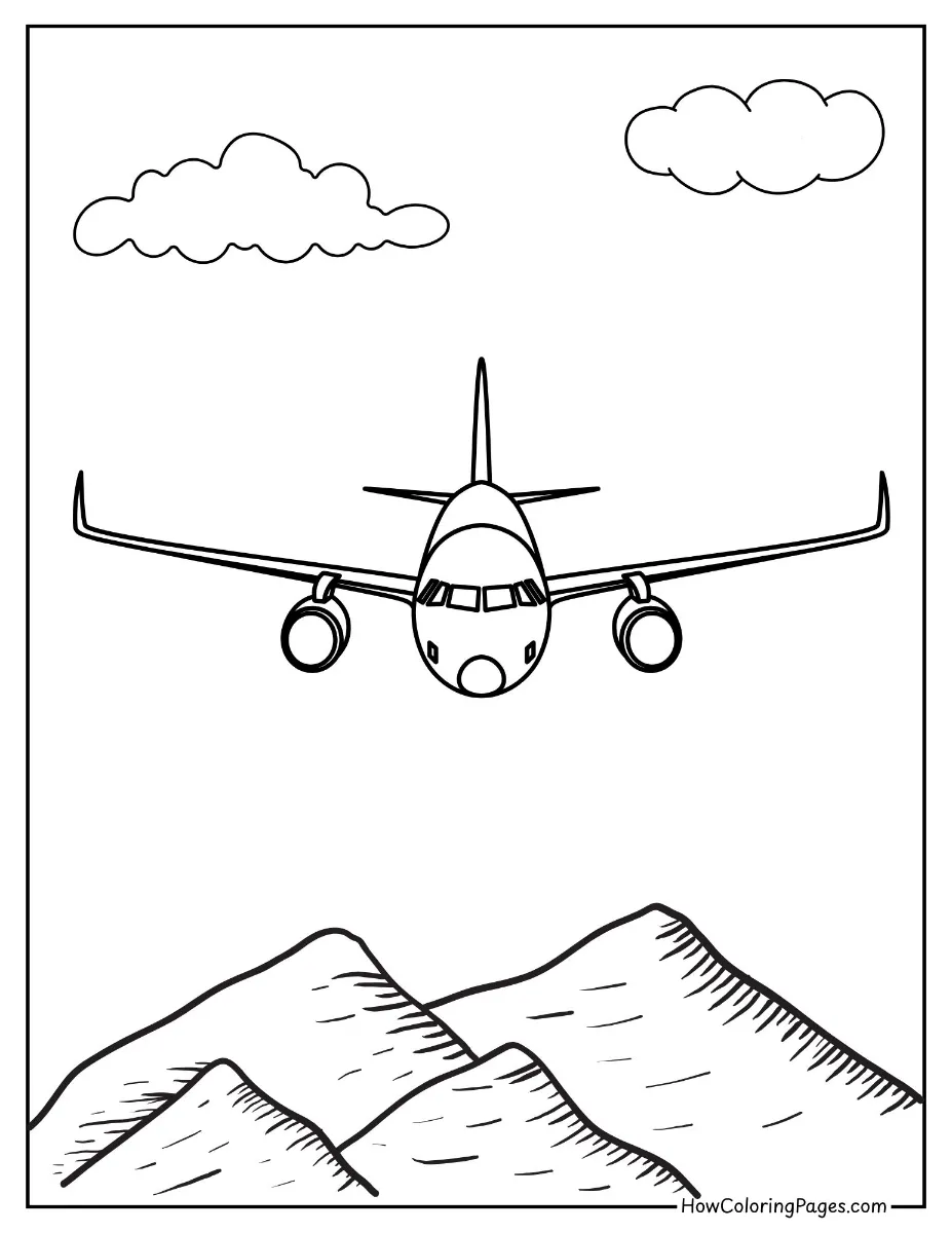 ✈️ Airplanes Coloring Pages for Kids – Fun & Free PDF Printables 13 Airplane flying above mountain peaks – scenic airplanes coloring page.