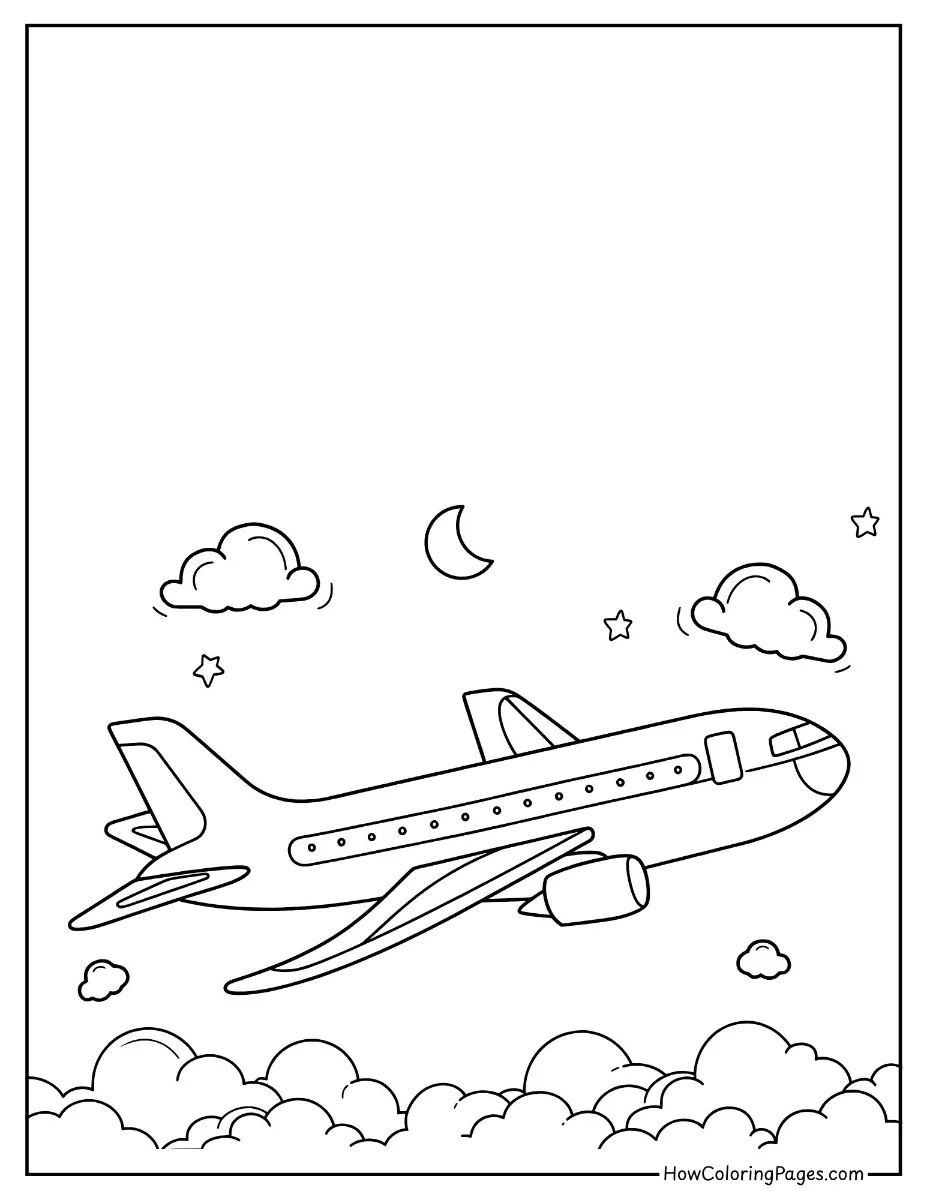 ✈️ Airplanes Coloring Pages for Kids – Fun & Free PDF Printables 14 Airplane flying through fluffy clouds – sky-themed airplanes coloring page.