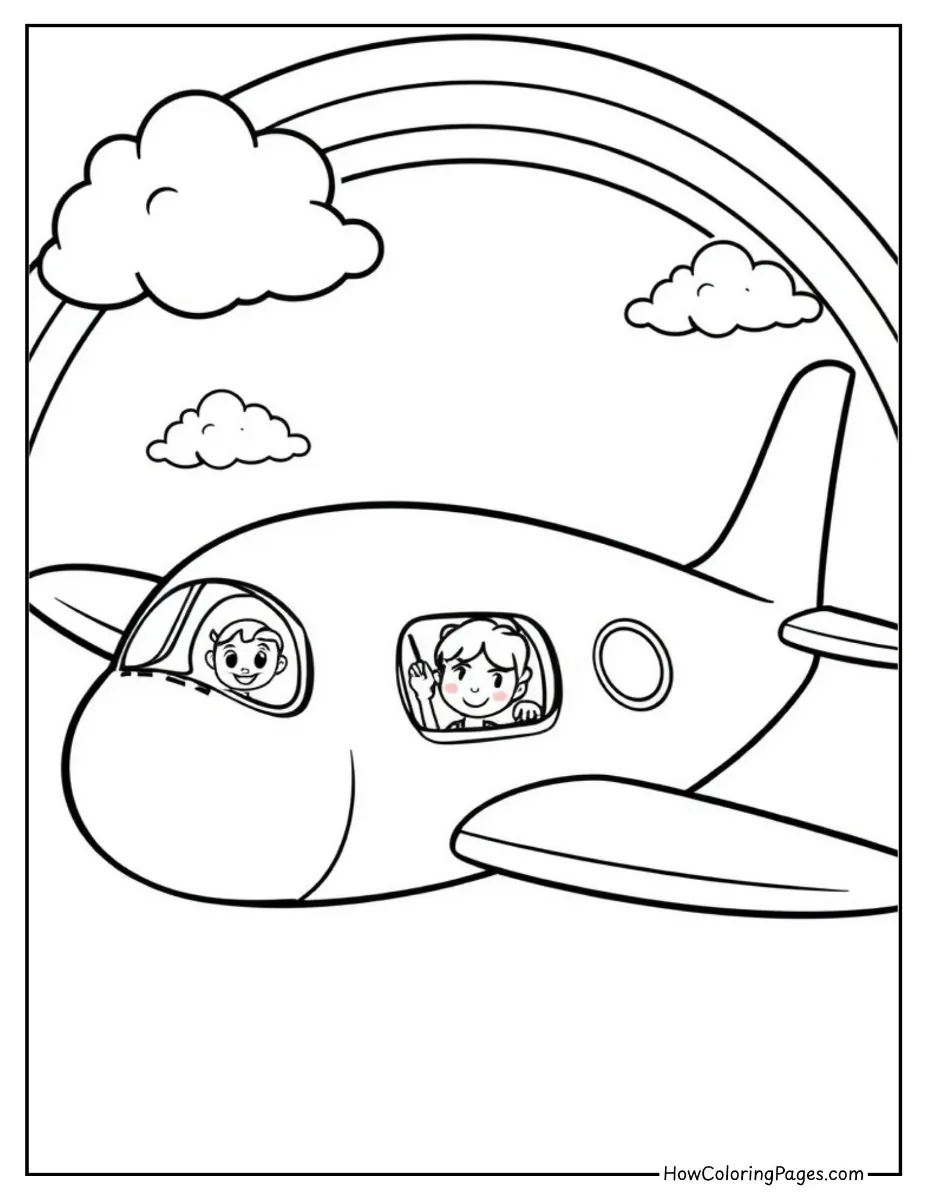 ✈️ Airplanes Coloring Pages for Kids – Fun & Free PDF Printables 3 Cute airplane flying under a rainbow – colorful airplanes coloring page for children.