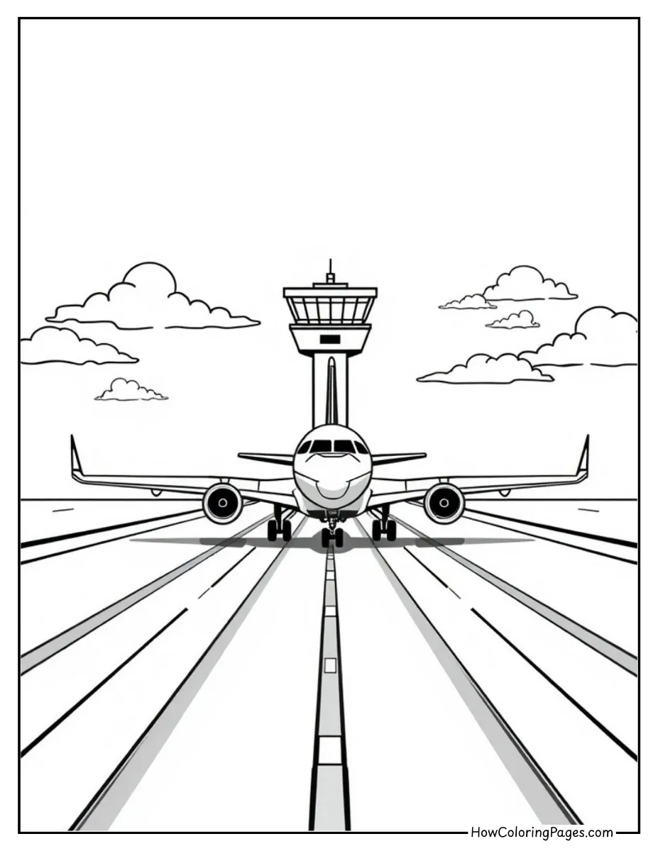 ✈️ Airplanes Coloring Pages for Kids – Fun & Free PDF Printables 4 Airplane on the runway at the airport – realistic airplanes coloring page.