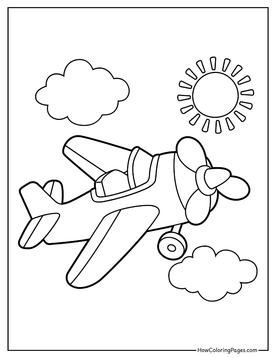 ✈️ Airplanes Coloring Pages for Kids – Fun & Free PDF Printables 5 Smiling cartoon airplane in the sky – fun airplanes coloring page for toddlers.