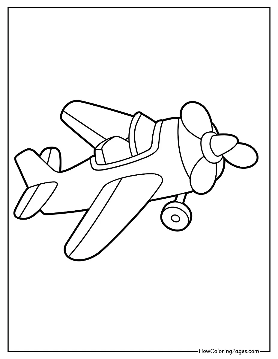 ✈️ Airplanes Coloring Pages for Kids – Fun & Free PDF Printables 9 Cartoon-style helicopter with simple lines – helicopter coloring page for young kids.