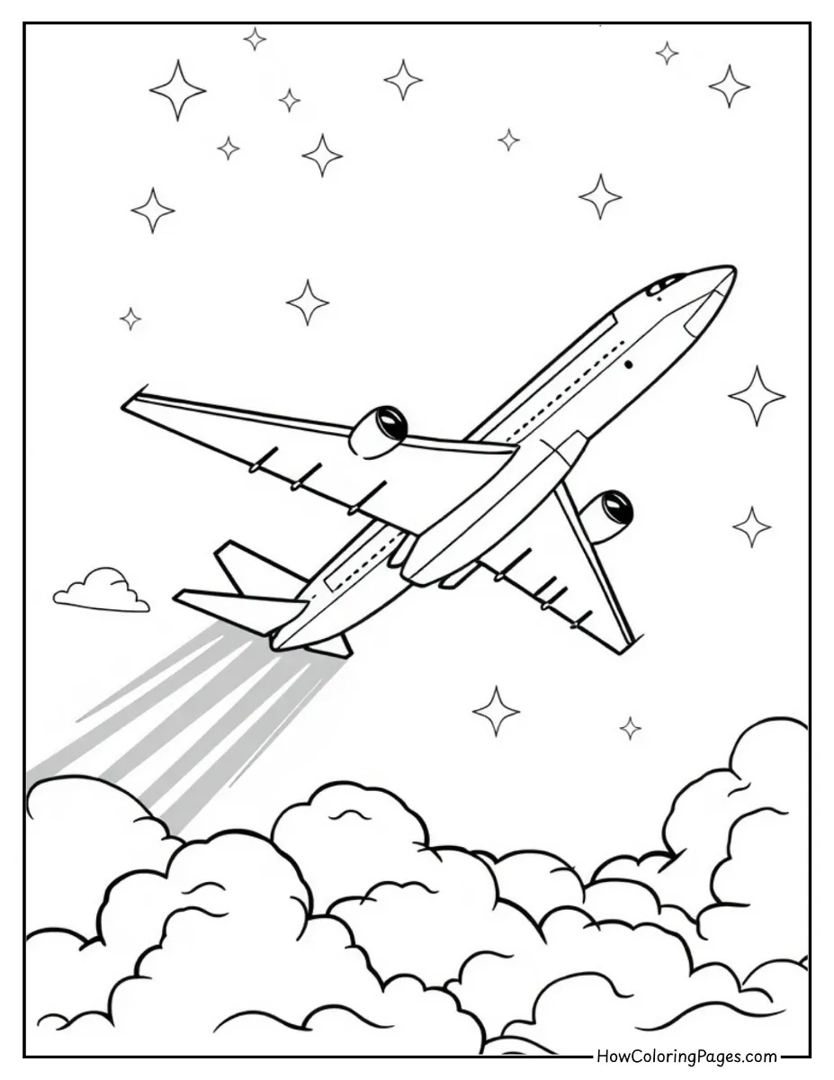 ✈️ Airplanes Coloring Pages for Kids – Fun & Free PDF Printables 10 Jet airplane soaring through the clouds – high-speed airplanes coloring page.
