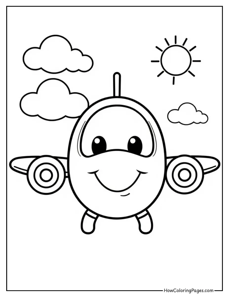 ✈️ Airplanes Coloring Pages for Kids – Fun & Free PDF Printables 11 Happy cartoon airplane with big eyes – cute airplanes coloring page for children.