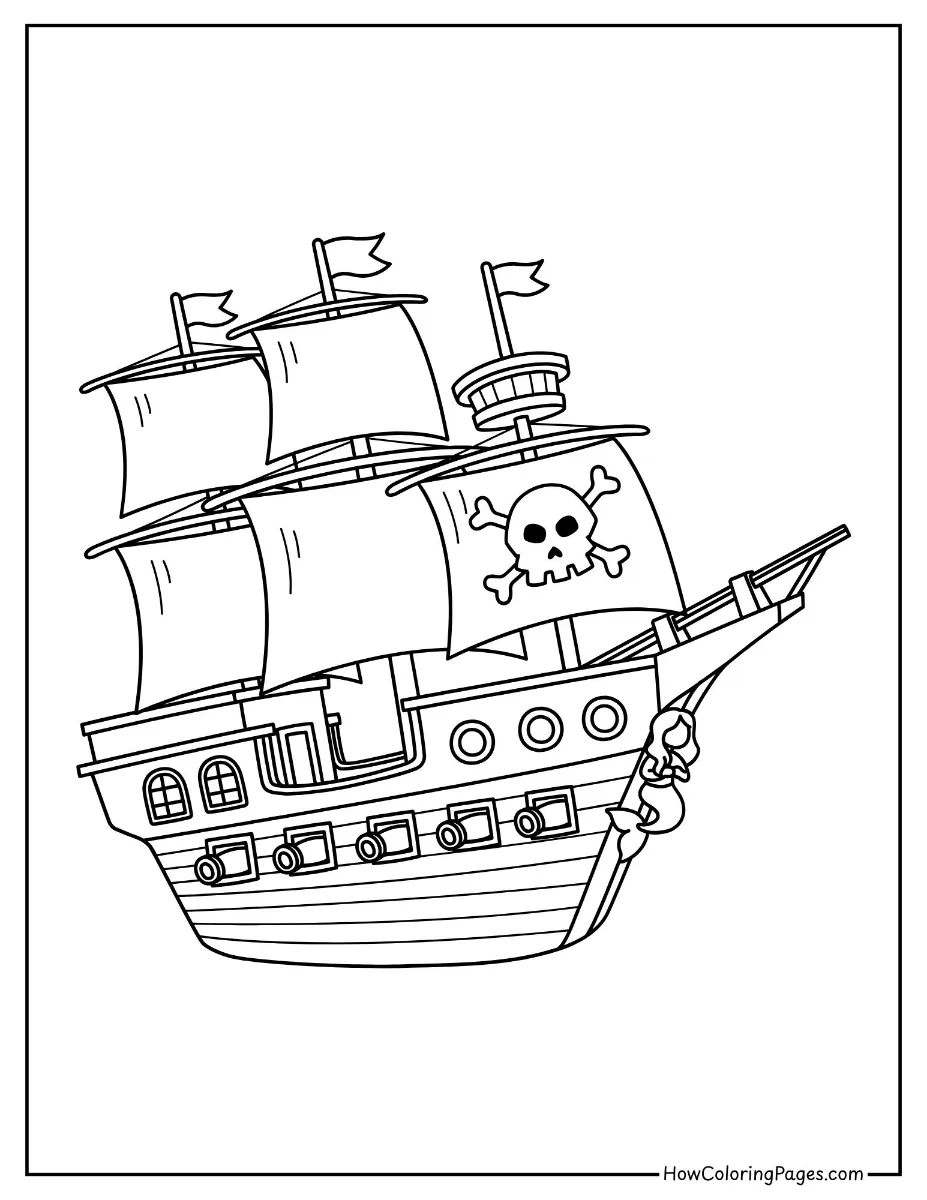 ⛵ Boats Coloring Pages for Kids – Free PDF Printables for Water-Lovers 15 Pirate ship coloring page with sails and flags for adventure fun