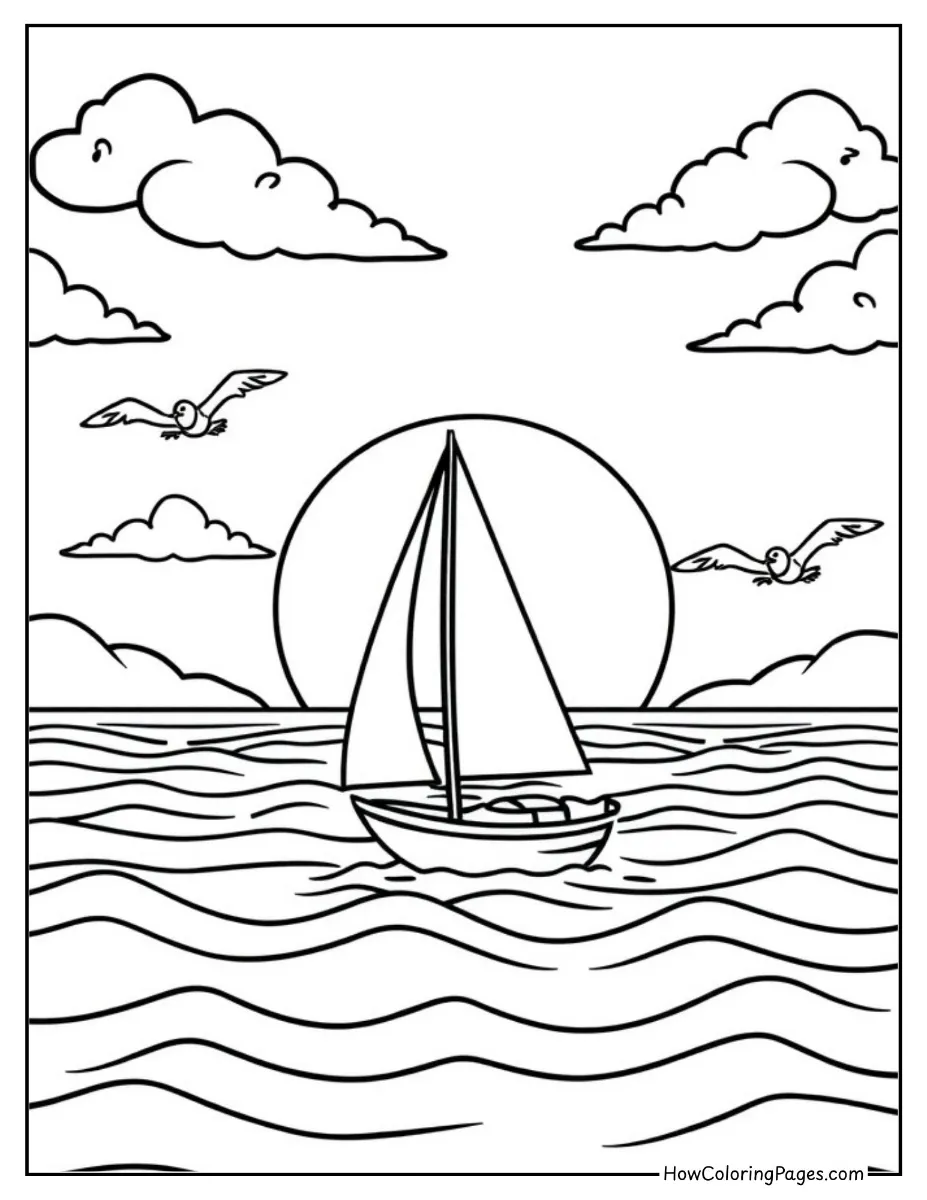 ⛵ Boats Coloring Pages for Kids – Free PDF Printables for Water-Lovers 11 Sailboat sailing at sunset coloring sheet