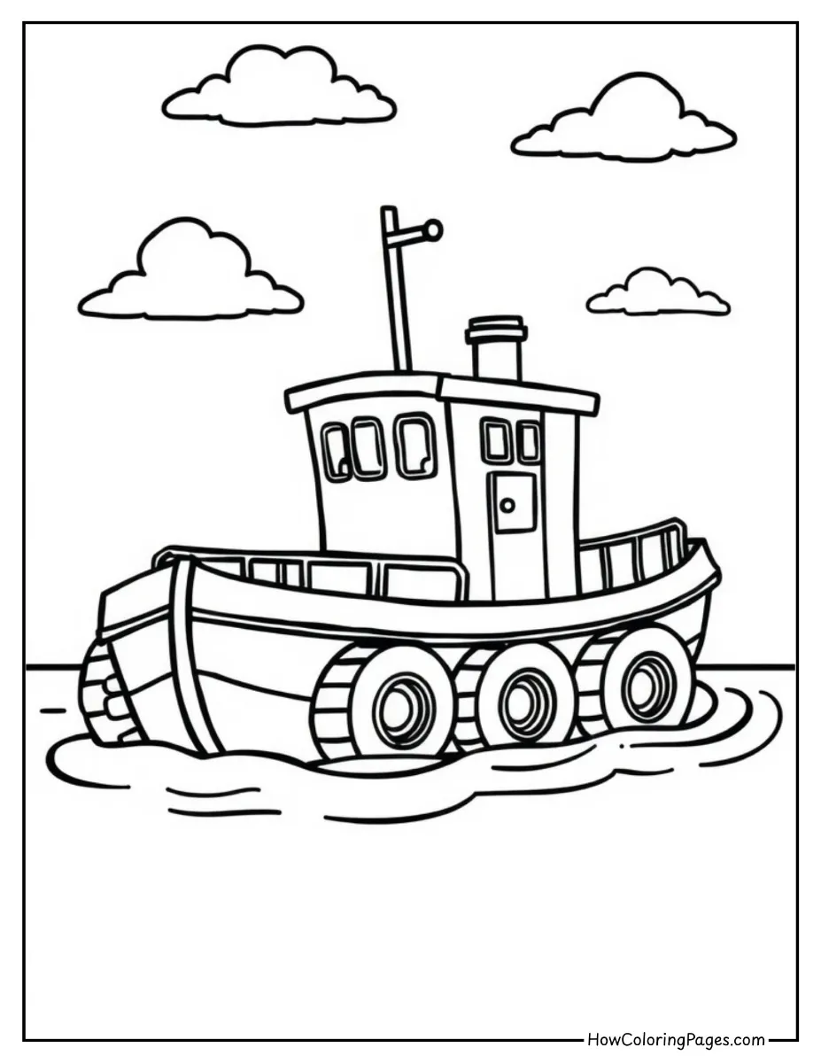 ⛵ Boats Coloring Pages for Kids – Free PDF Printables for Water-Lovers 6 Tugboat sailing on the river coloring sheet