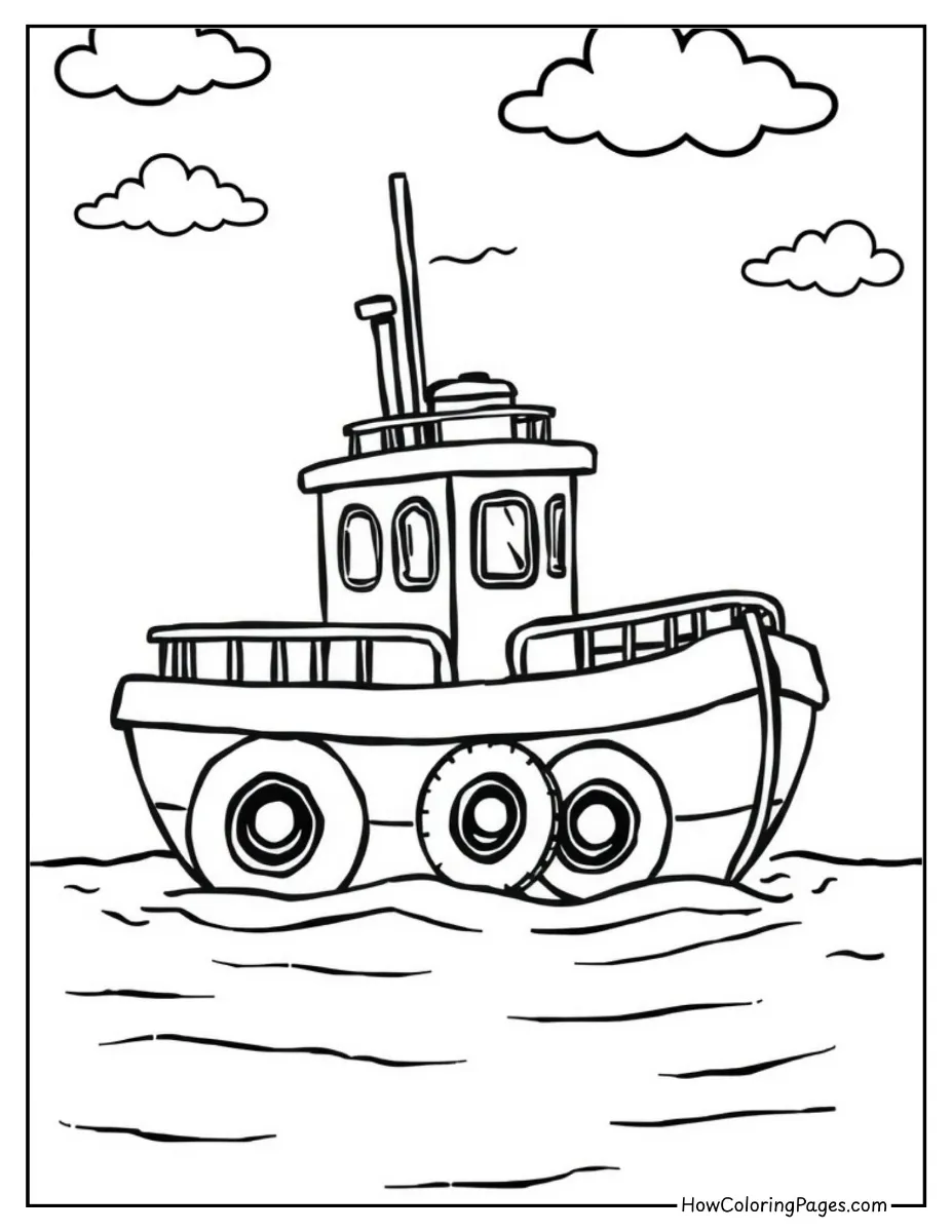 ⛵ Boats Coloring Pages for Kids – Free PDF Printables for Water-Lovers 5 Tugboat coloring page for preschool and kindergarten kids