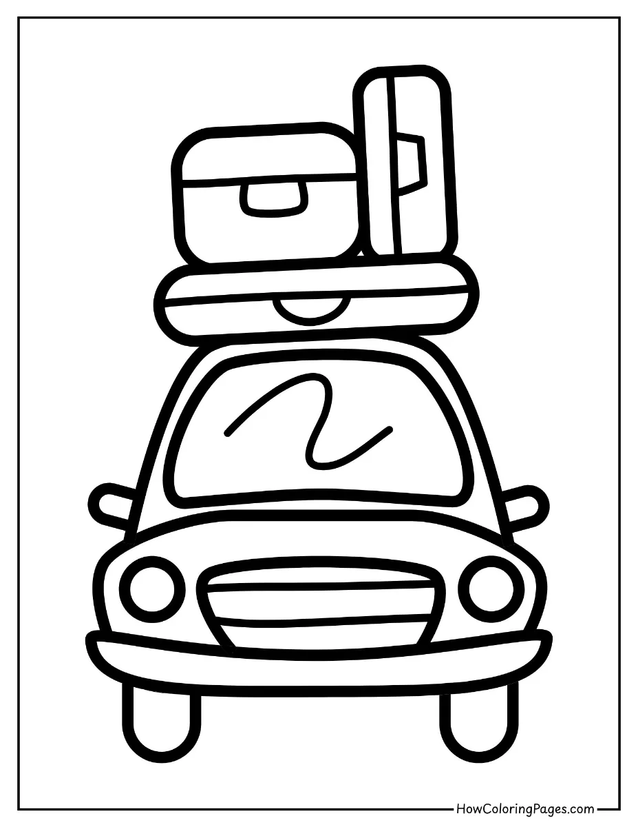 π Cars Coloring Pages for Kids β Free Printable Fun on Wheels 14 Family car with luggage on roof β road trip themed car coloring page.