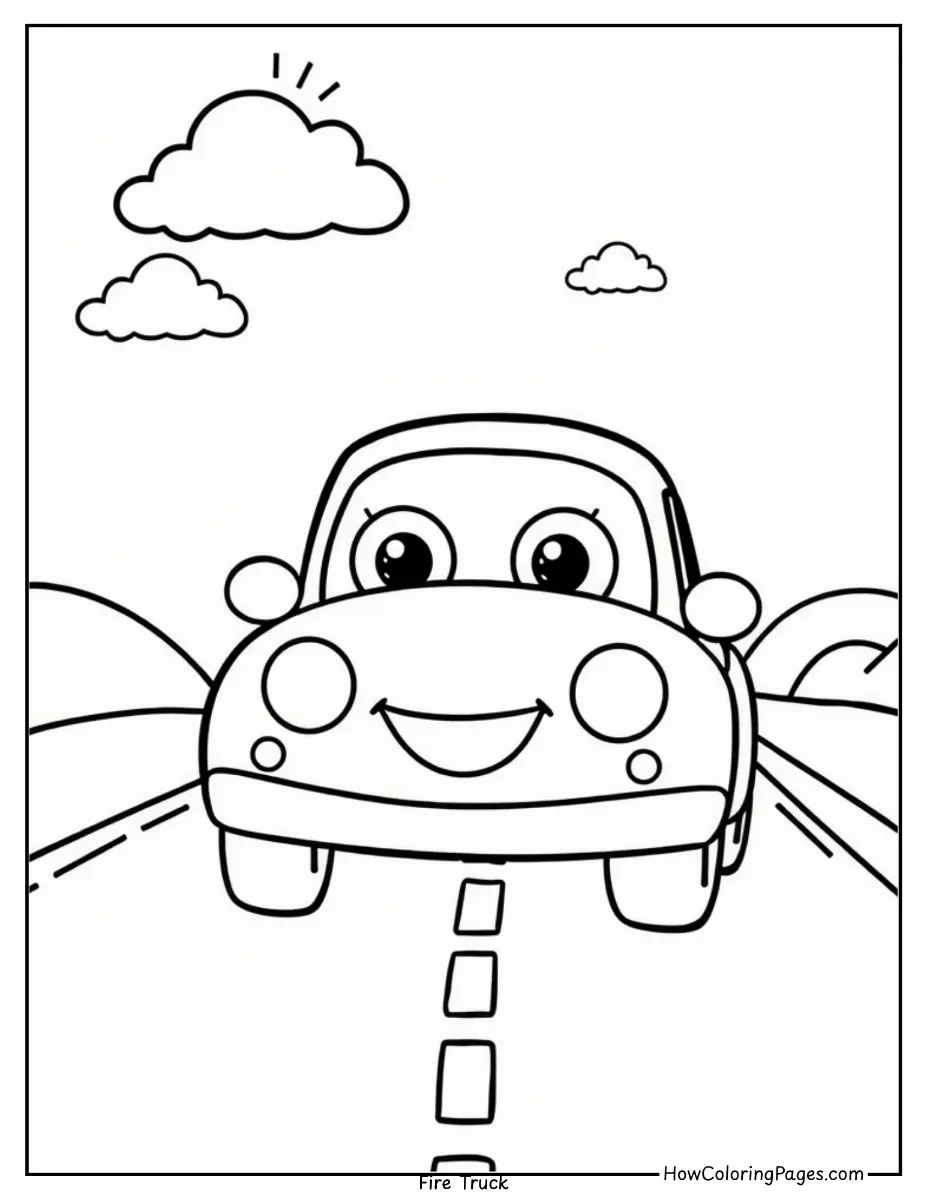 π Cars Coloring Pages for Kids β Free Printable Fun on Wheels 4 Cartoon car driving on the road β fun car coloring page for kids.