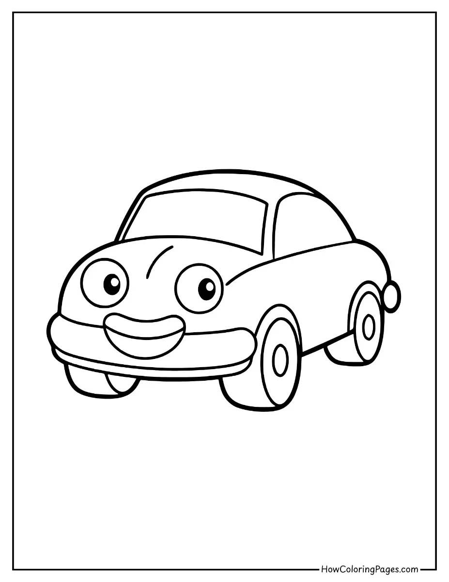 π Cars Coloring Pages for Kids β Free Printable Fun on Wheels 7 Smiling cartoon car with cheerful face β cute car coloring page.