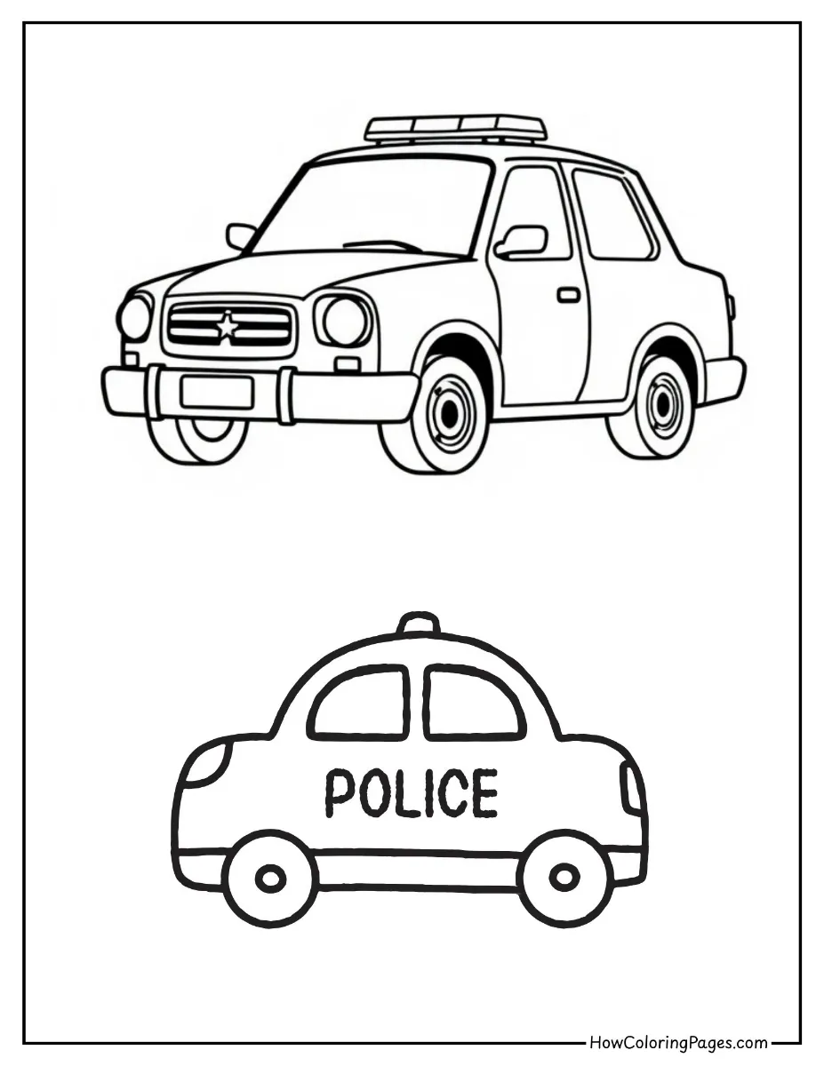 π Cars Coloring Pages for Kids β Free Printable Fun on Wheels 9 Police car with siren lights β exciting car coloring page for kids.