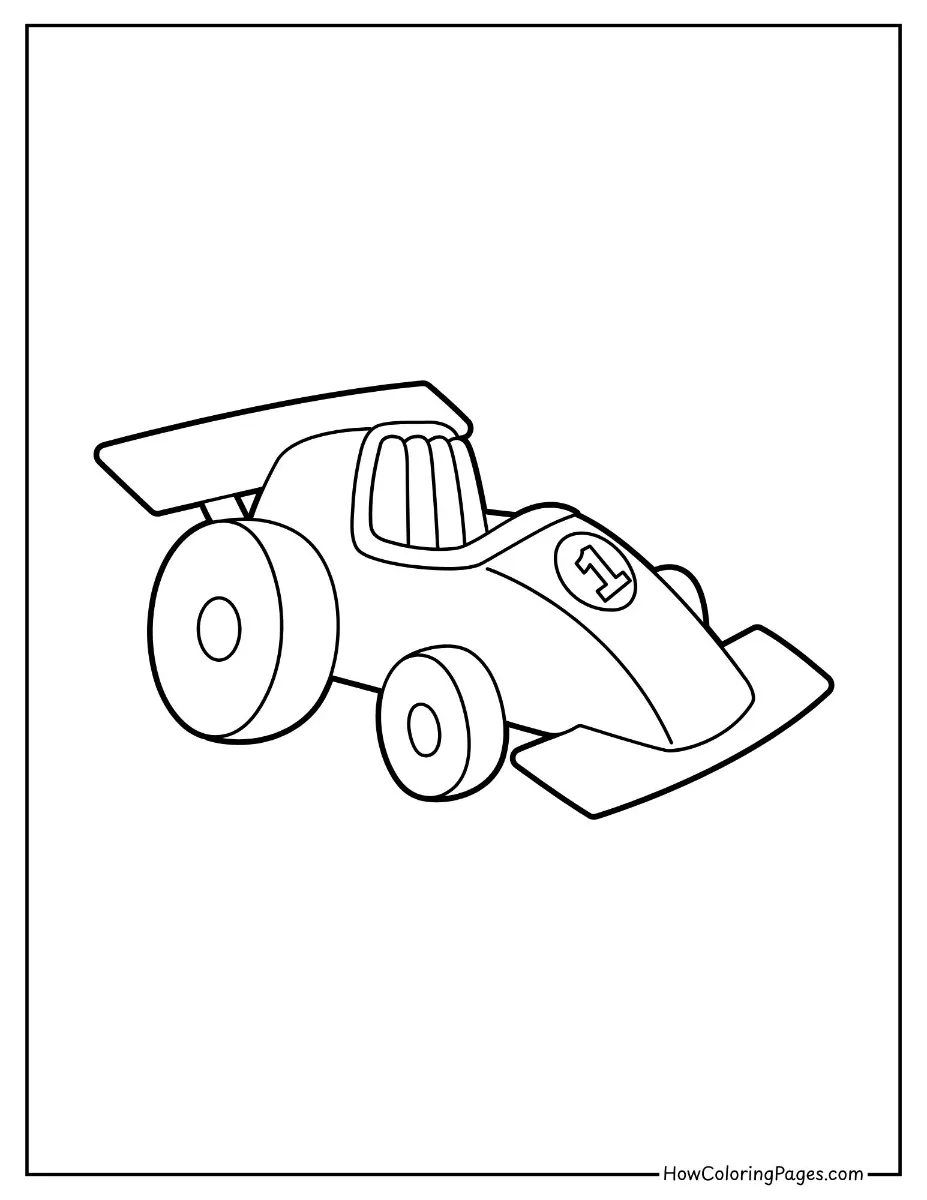 π Cars Coloring Pages for Kids β Free Printable Fun on Wheels 11 Basic Formula One race car β beginner-friendly car coloring page.