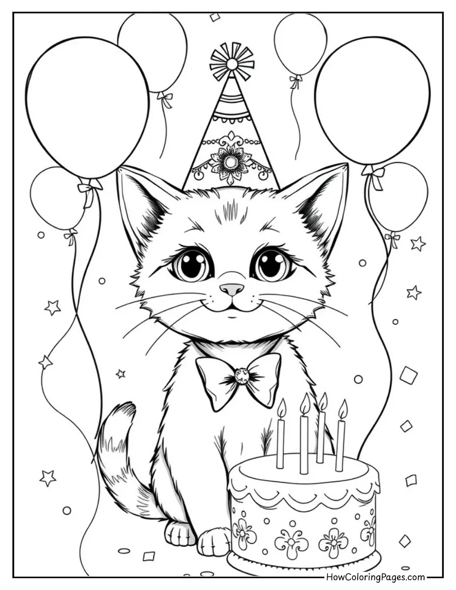 π± Cats Coloring Pages for Kids β Free & Fun Printable Sheets! 11 Cat wearing a birthday hat coloring page.