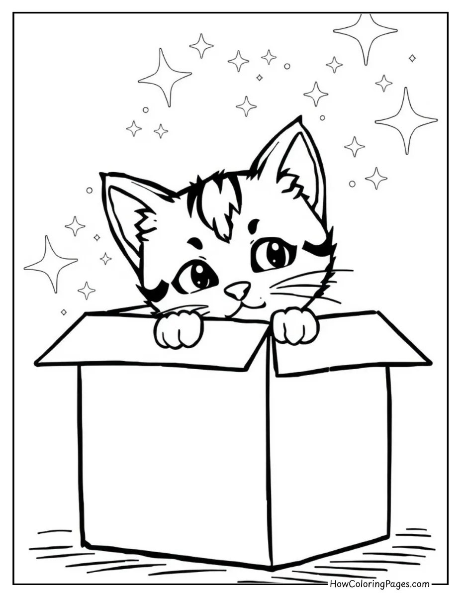 π± Cats Coloring Pages for Kids β Free & Fun Printable Sheets! 9 Cat sitting inside a cardboard box coloring sheet.