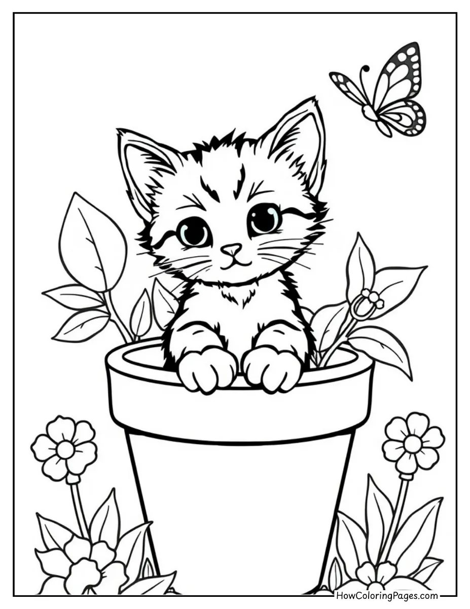 π± Cats Coloring Pages for Kids β Free & Fun Printable Sheets! 4 Curious cat sitting inside a flower pot coloring page.