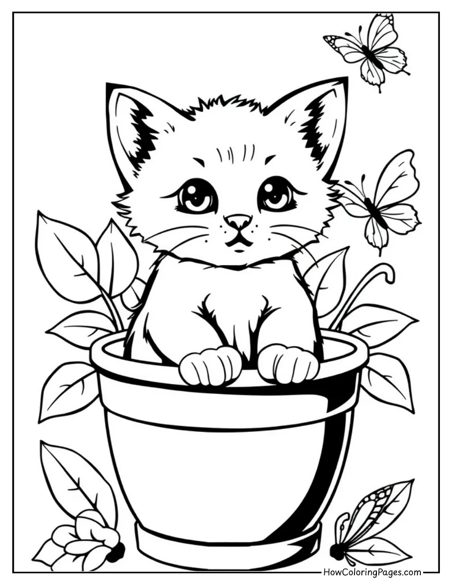 π± Cats Coloring Pages for Kids β Free & Fun Printable Sheets! 5 Funny cat peeking out from a pot coloring page.