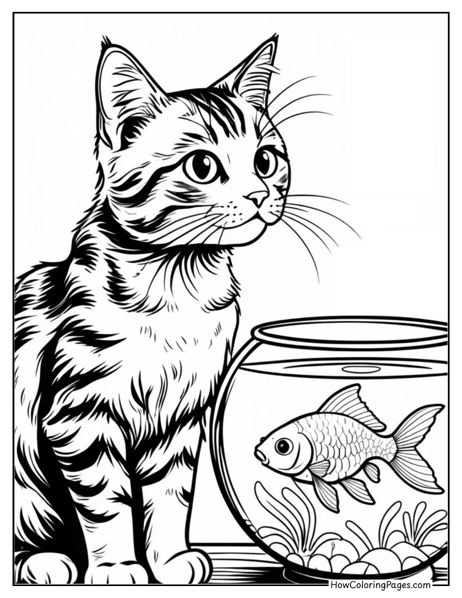 π± Cats Coloring Pages for Kids β Free & Fun Printable Sheets! 12 Cat looking at a fish bowl coloring sheet.
