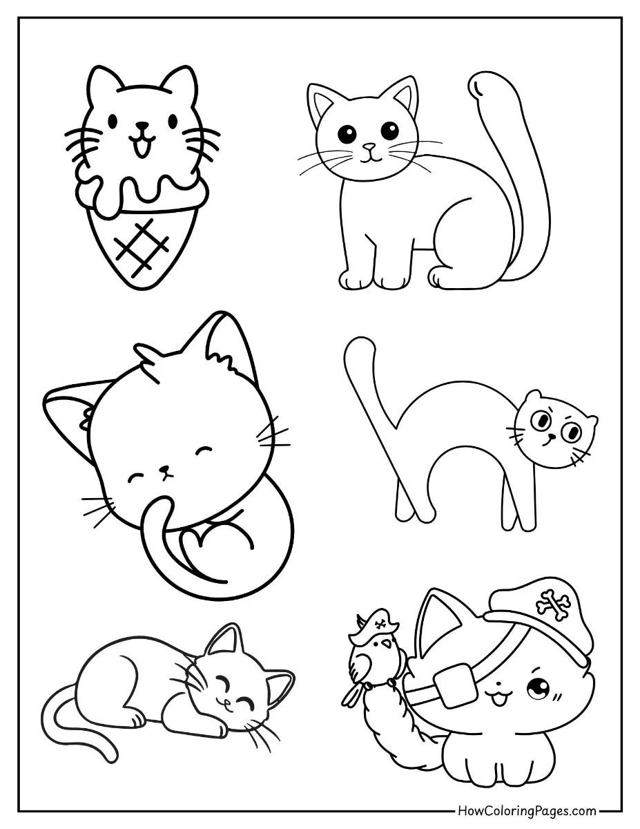 π± Cats Coloring Pages for Kids β Free & Fun Printable Sheets! 20 Group of funny and playful cats coloring sheet.