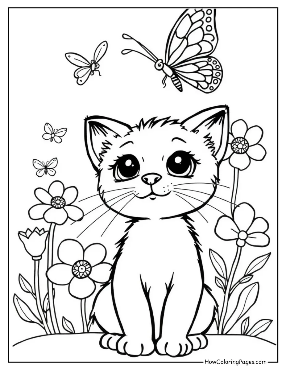 π± Cats Coloring Pages for Kids β Free & Fun Printable Sheets! 10 Kitten watching a butterfly coloring page.