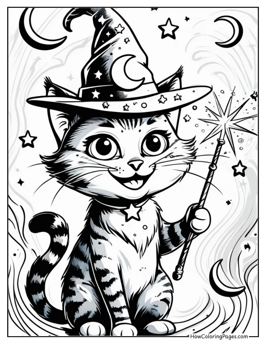π± Cats Coloring Pages for Kids β Free & Fun Printable Sheets! 13 Magical cat holding a wand coloring page.