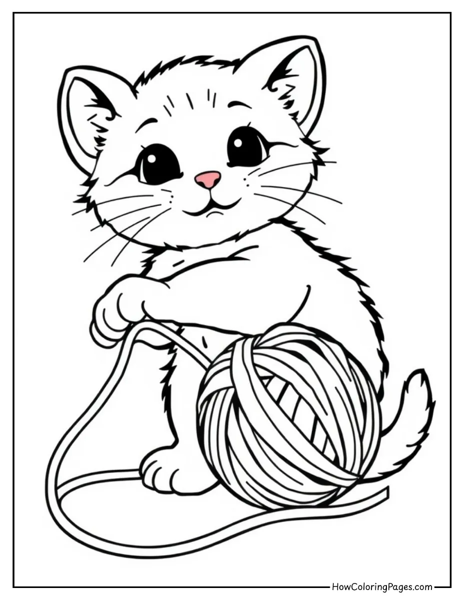 π± Cats Coloring Pages for Kids β Free & Fun Printable Sheets! 3 Playful cat chasing a yarn ball coloring sheet.