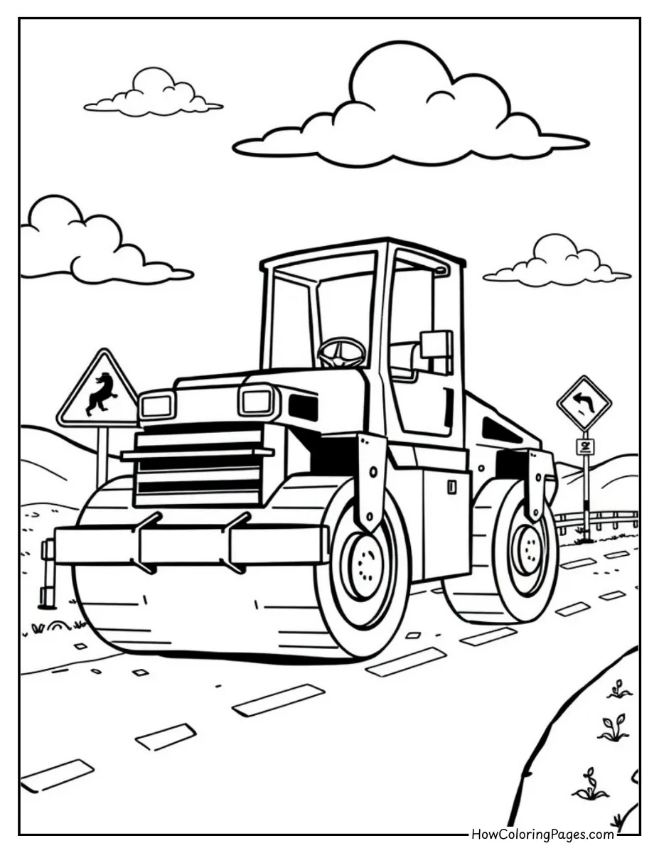 π§ Construction Vehicles Coloring Pages for Kids β Free PDF Printable Fun! 6 Detailed road roller construction scene coloring page