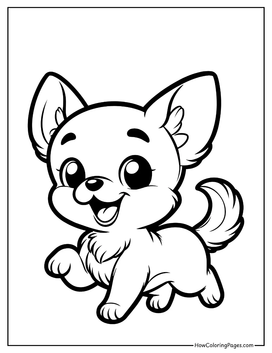 πΆ Dogs Coloring Pages for Kids β Free & Easy PDF Printable Fun! 20 Tiny chihuahua with big ears β cute and simple dog coloring image.