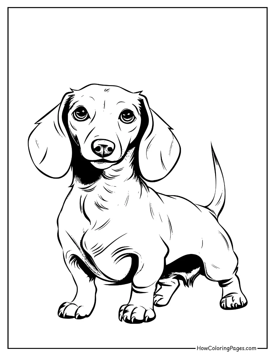 πΆ Dogs Coloring Pages for Kids β Free & Easy PDF Printable Fun! 13 Cartoon dachshund with long body β easy and adorable dog coloring page.