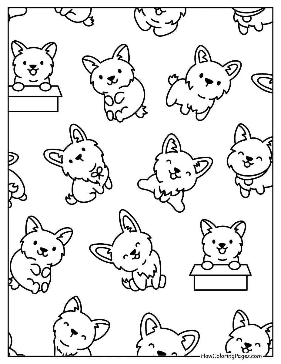 πΆ Dogs Coloring Pages for Kids β Free & Easy PDF Printable Fun! 16 Kawaii-style corgi β cute dog coloring page for young artists.