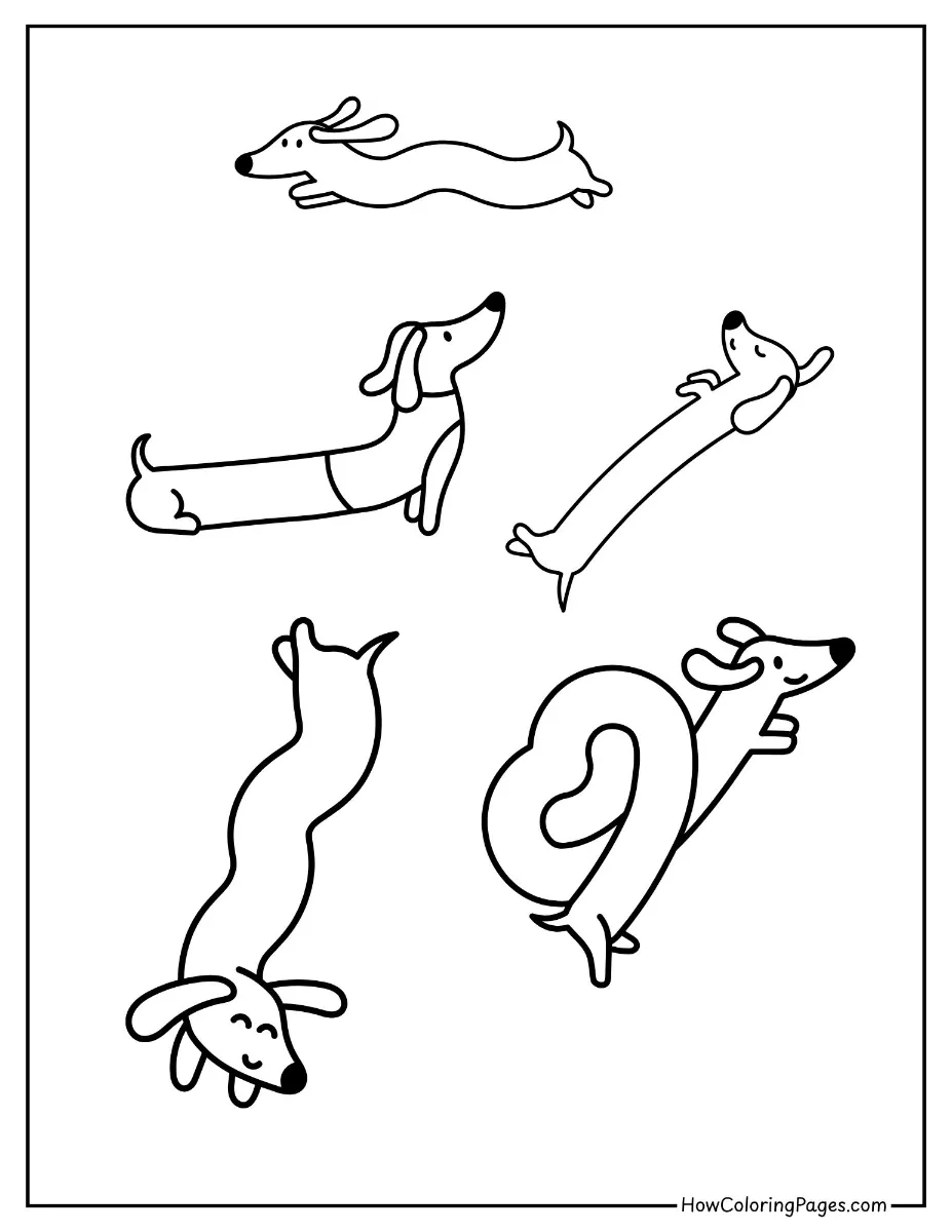 πΆ Dogs Coloring Pages for Kids β Free & Easy PDF Printable Fun! 21 Long dachshund dog in cartoon style β easy-to-color fun dog page.