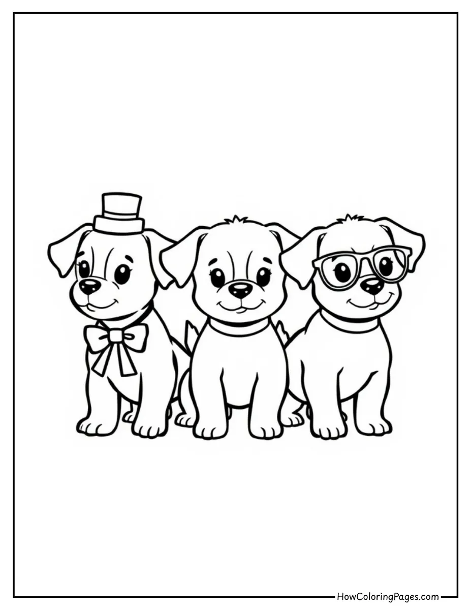 πΆ Dogs Coloring Pages for Kids β Free & Easy PDF Printable Fun! 12 Parade of happy puppies walking in a line β cheerful dog coloring activity.