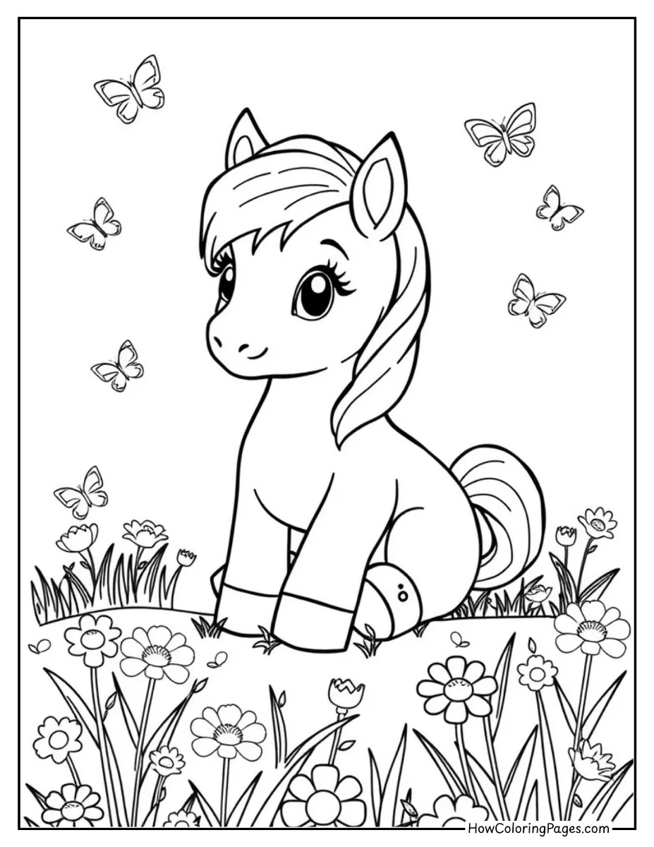 π΄ Horse Coloring Pages for Kids β Free Printable PDF Fun! 7 Cute baby pony surrounded by flowers