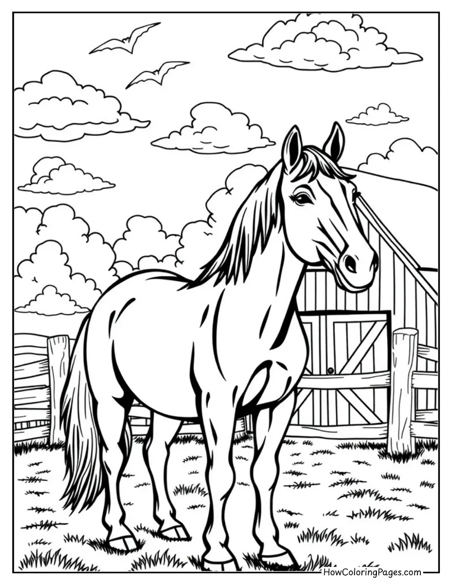 π΄ Horse Coloring Pages for Kids β Free Printable PDF Fun! 6 Farm horse standing near a classic barn