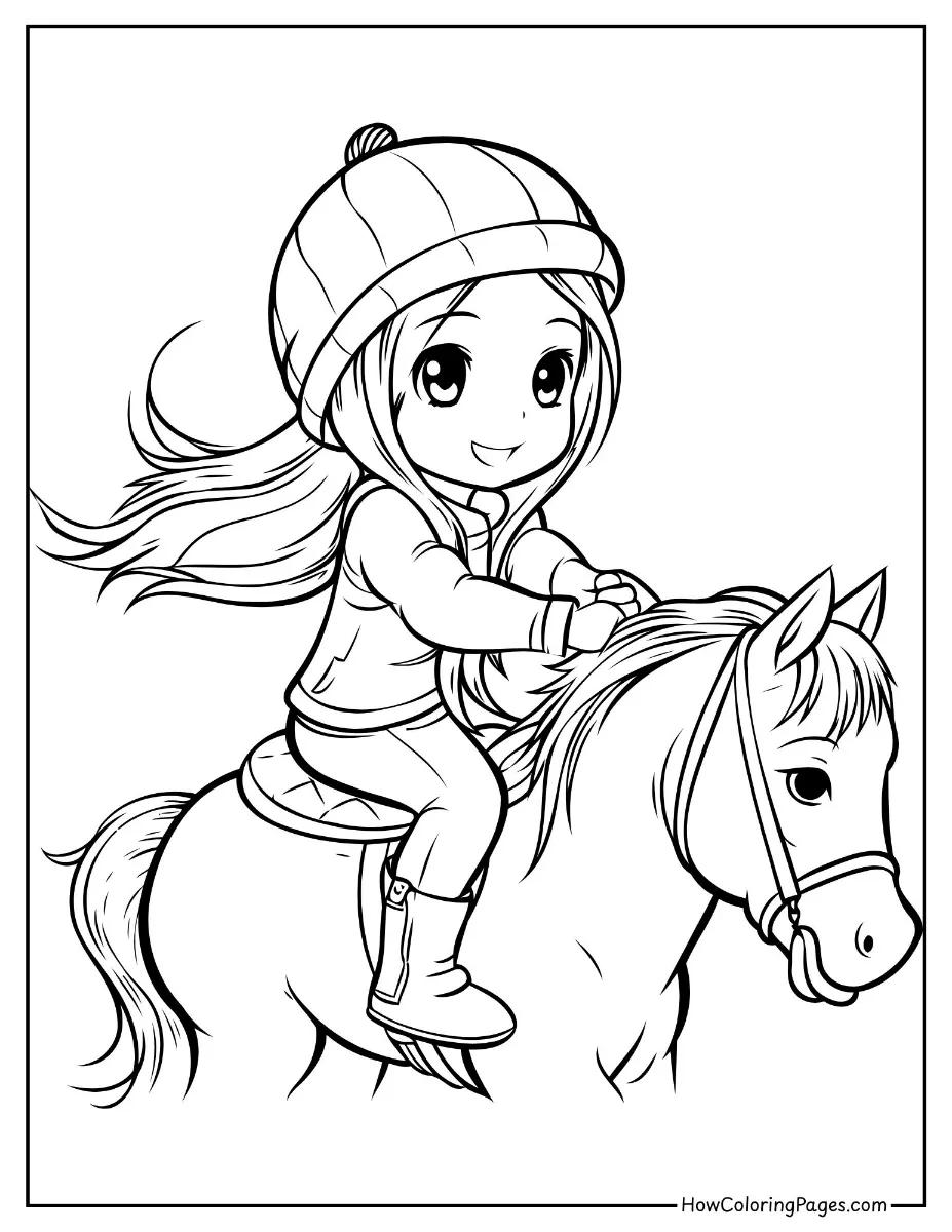 π΄ Horse Coloring Pages for Kids β Free Printable PDF Fun! 17 Girl happily riding a horse