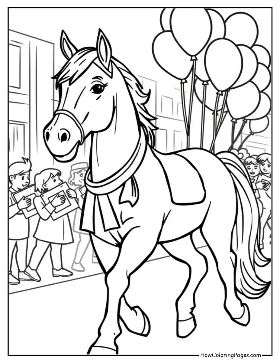 π΄ Horse Coloring Pages for Kids β Free Printable PDF Fun! 14 Cheerful horse parade with balloons