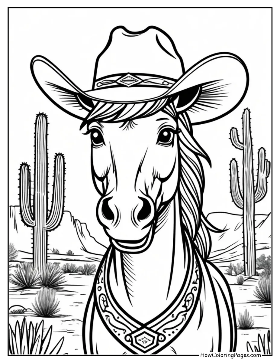 π΄ Horse Coloring Pages for Kids β Free Printable PDF Fun! 4 Fun cartoon horse wearing a cowboy hat