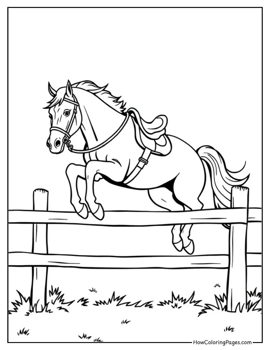 π΄ Horse Coloring Pages for Kids β Free Printable PDF Fun! 5 Horse jumping over a fence with saddle on