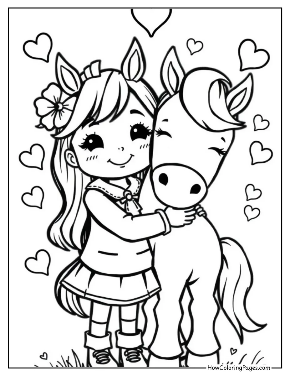 π΄ Horse Coloring Pages for Kids β Free Printable PDF Fun! 11 Girl hugging her pony with love