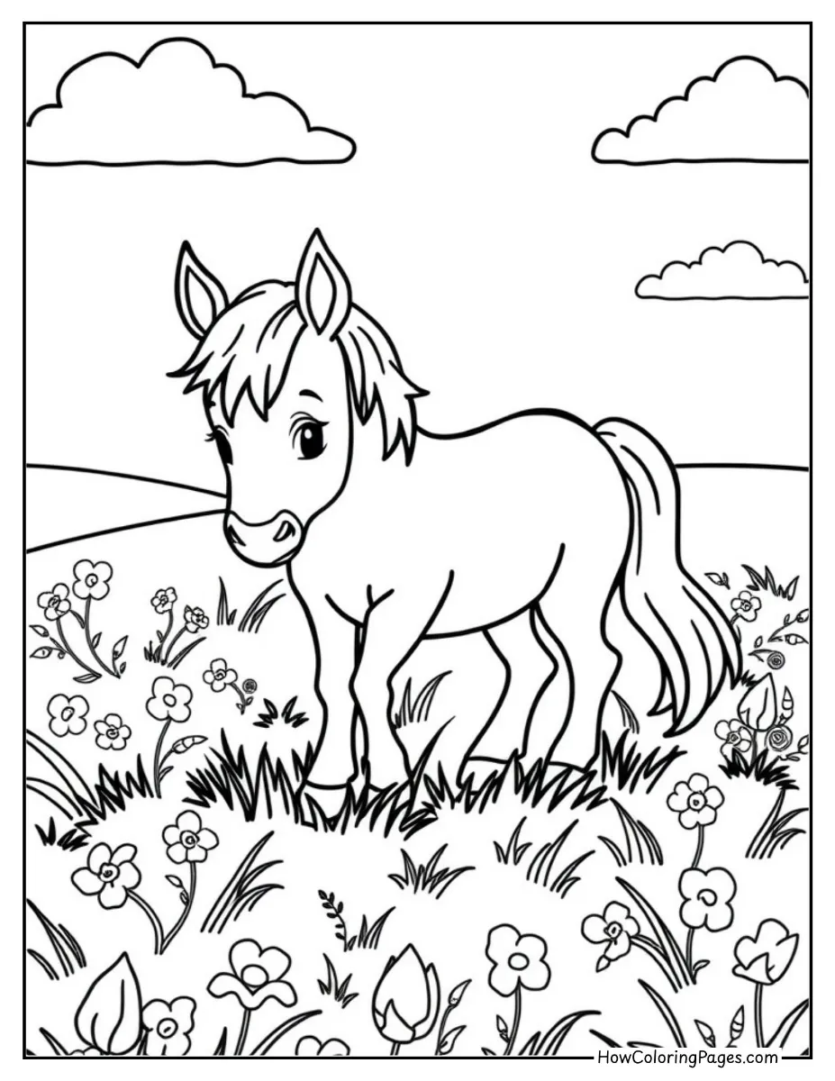 π΄ Horse Coloring Pages for Kids β Free Printable PDF Fun! 3 Pony grazing peacefully in a grassy meadow